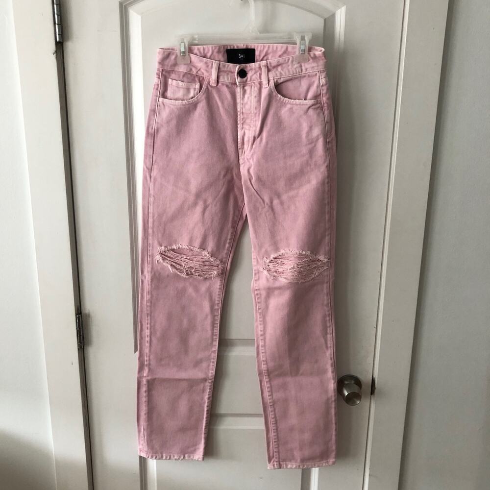 3x1 NYC size 25 Women's distressed straight leg jeans Mineral Rose Pink $367